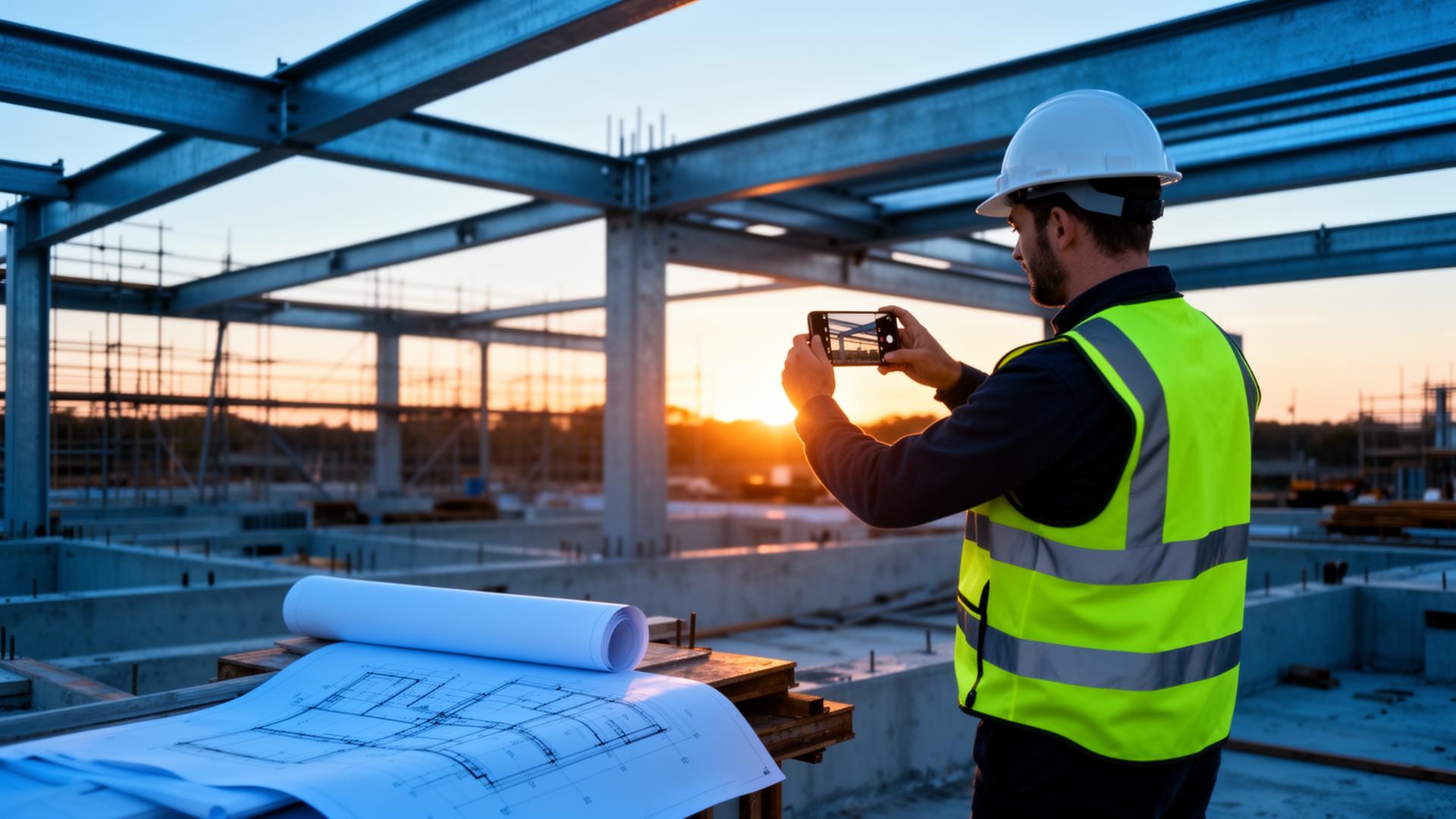 Construction worker photographing job site progress at sunset